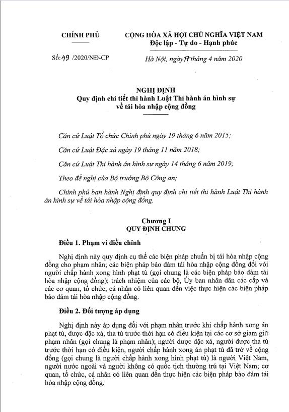 NGHỊ ĐỊNH SỐ 49/2020/NĐ-CP, ngày 17/04/2020 QUY ĐỊNH CHI TIẾT THI HÀNH LUẬT THI HÀNH ÁN HÌNH SỰ VỀ TÁI HÒA NHẬP CỘNG ĐỒNG